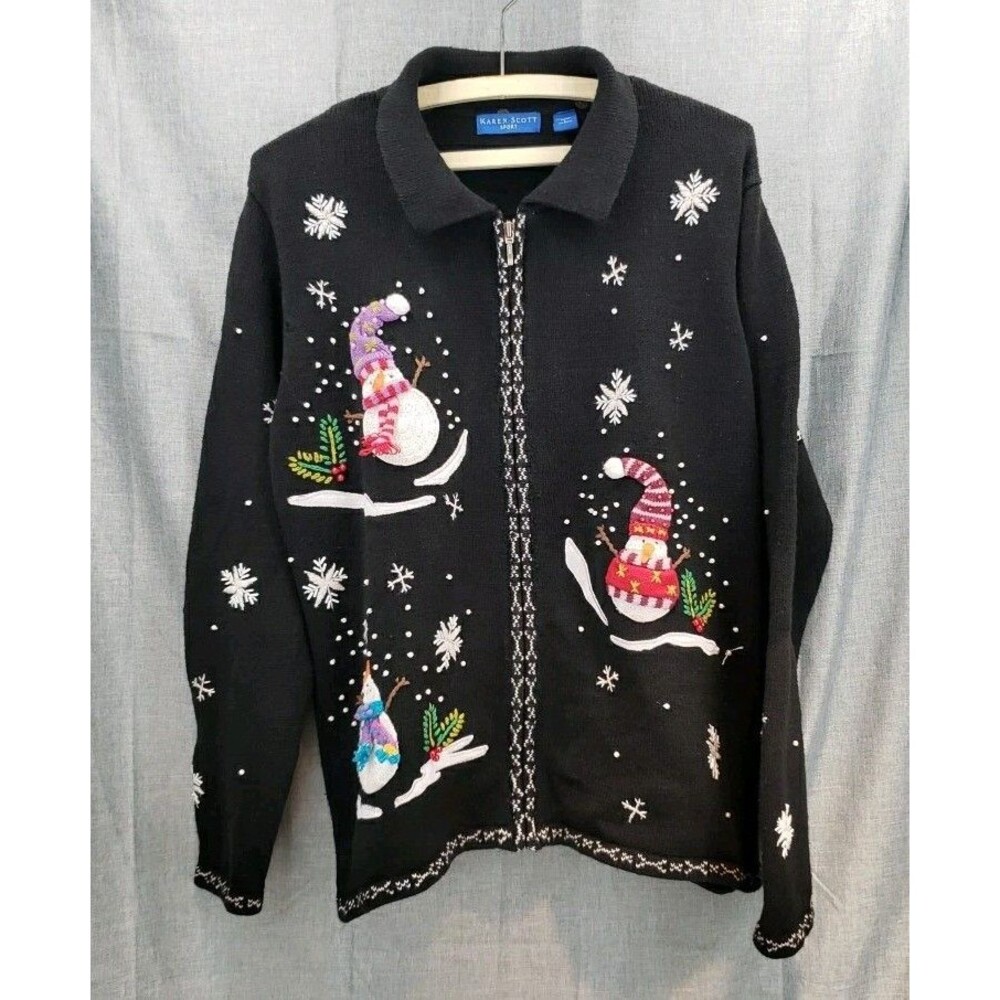 VTG 90s L Karen Scott Holiday Sweater Crochet Snowmen Winter Knit